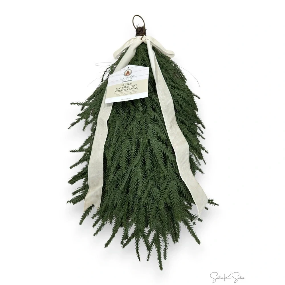 My Texas House Natural Feel Norfolk Christmas Swag Cream Velvet Bow 28